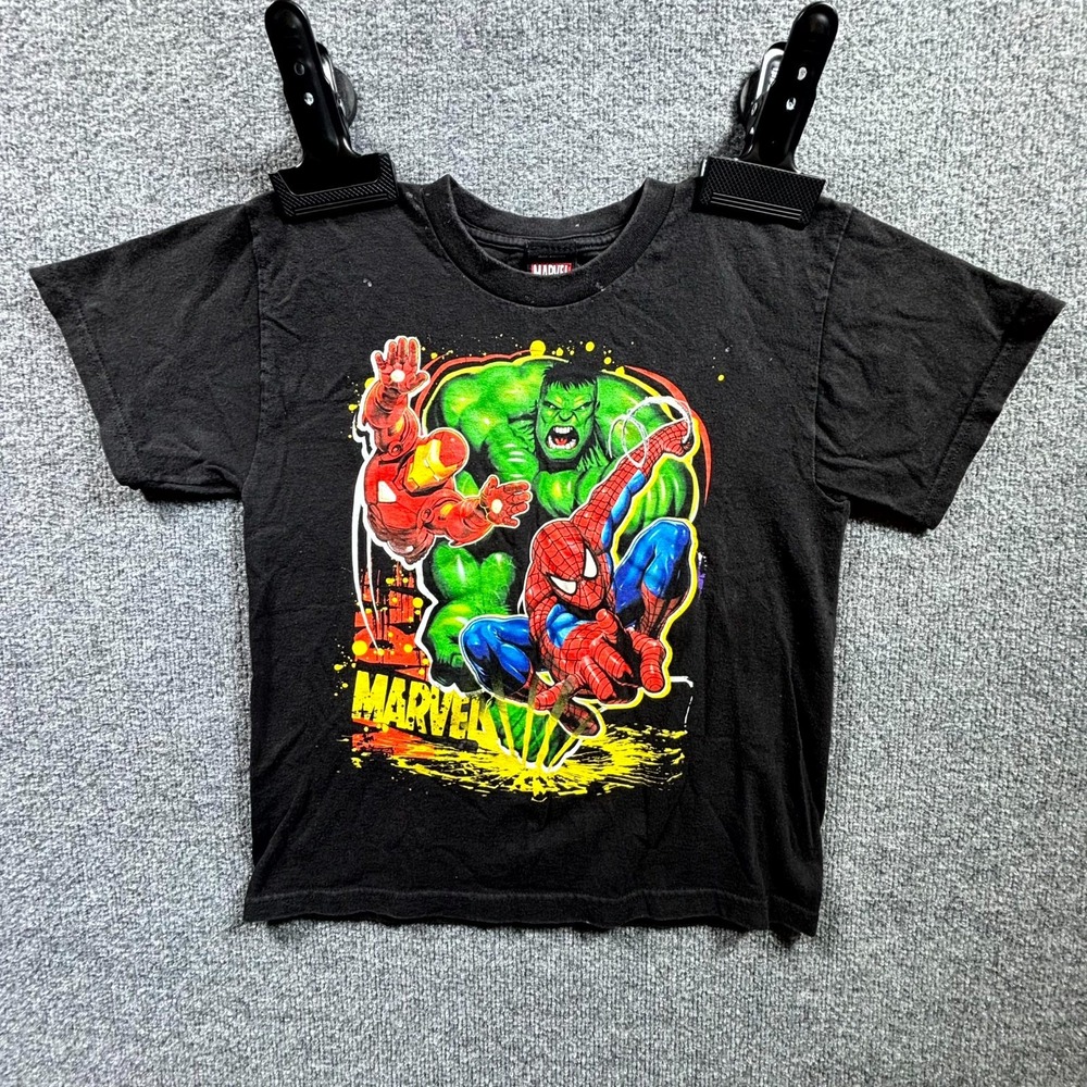 Vintage Marvel T-Shirt Youth Small Black Spider-Man Iron Man Hulk Mad Engine
